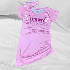 Pink birthday-themed satin sleep shirt with "It's My Birthday" slogan and heart graphics for women.