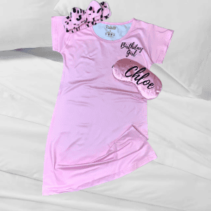 Cute pink birthday girl satin nightgown with eye mask for women, perfect for lounging and gift-giving.
