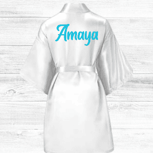 Amaya satin robe with personalized embroidered name for stylish loungewear and special occasions.