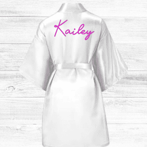 Elegant personalized satin robe with embroidered name for customizable loungewear and gift ideas.