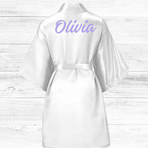 Custom personalized satin robe with name Olivia in purple text. Perfect for gifts or special occasions.