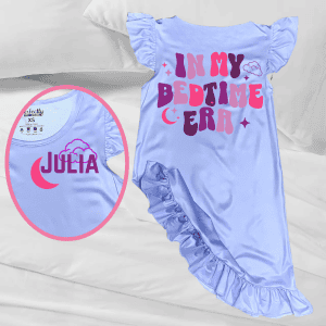 Pink cloud pajamas with personalized name and bedtime message, perfect for girls' sleepwear and lounge comfort, from Perfectly You Apparel.
