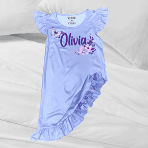 Olivia personalized ruffle nightgown in light blue with butterfly and floral design, perfect for sleepwear or lounging.