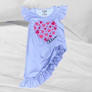 Pink heart baby dress with ruffled sleeves and personalized Chloe print, perfect for cute and stylish baby attire.