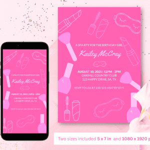 Pink birthday girl invitation for spa-themed celebration with cosmetic illustrations - customizable design for Perfectly You Apparel.