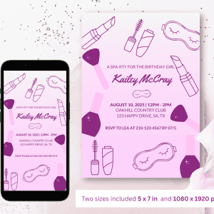 Lip gloss and beauty product illustration for birthday girl spa party invite, pink and purple color scheme.