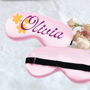 Personalized sleep mask with "Olivia" name and floral design, comfortable and stylish sleep accessories.