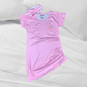 Soft pink personalized satin nightgown with floral embroidery and custom name "SOPHIA" for comfortable sleepwear.