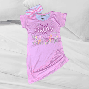 Pink girl’s sleep dress with floral print and "You Grow Girl" message, perfect for comfortable and stylish loungewear.