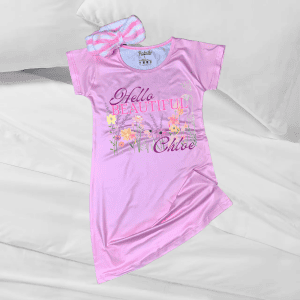 Soft pink floral nightgown with "Hello Beautiful" and "Chloe" text, perfect for comfy bedtime wear.