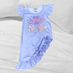 Soft pastel purple girl's nightgown with floral print and ruffled sleeves, perfect for comfortable sleepwear.