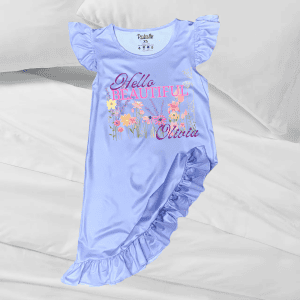 Floral ruffle nightgown with personalized "Hello Beautiful Olivia" text, perfect for comfy sleepwear.
